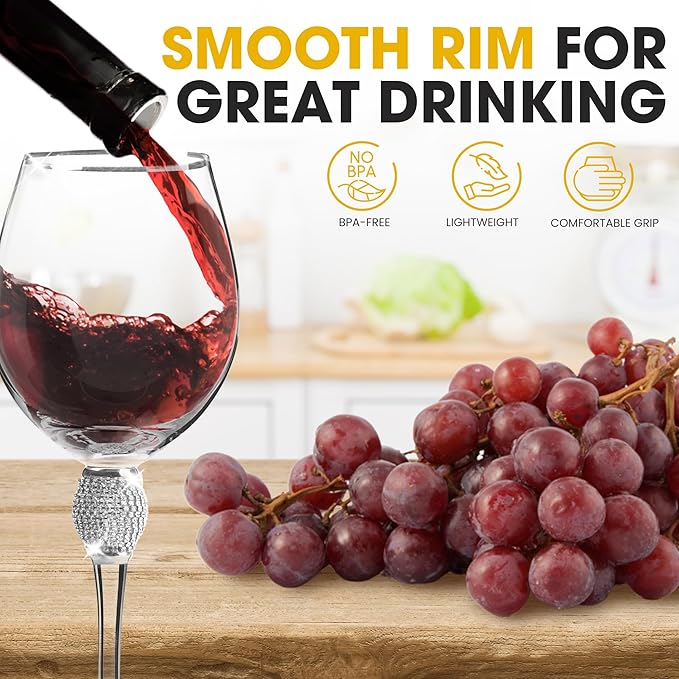 Premium Wine Glasses Set of 6 - Crystal Long Stem Wine Glass with Silver Rim & Rhinestone Design - 18 oz