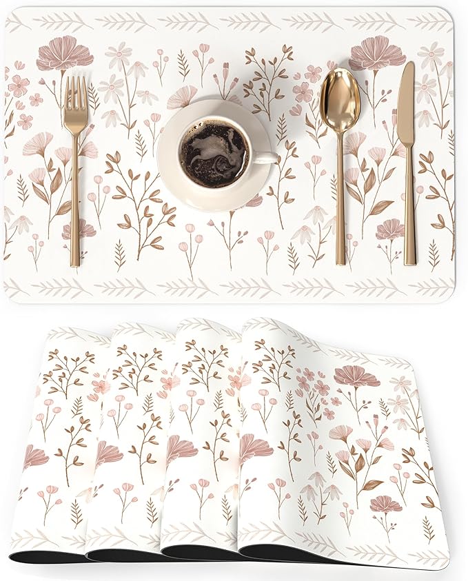 QIYI Placemats Set of 4, 12x18 Inch PU Leather Place Mats for Kitchen Dinning, Heat Resistant Anti Slip Floral Table Mats, Waterproof Wipeable Washable Placemat Party Beige Table Décor, Pink Flowers