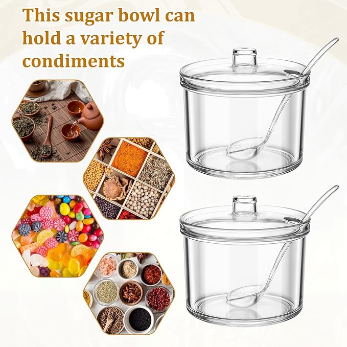 8 Pieces Clear Acrylic Sugar Bowl, 7.1 oz Seasoning Box, Condiment Pots with Spoon and Lid, Sugar Spice Salt Canister for Home Kitchen, Coffee Bar, Restaurant