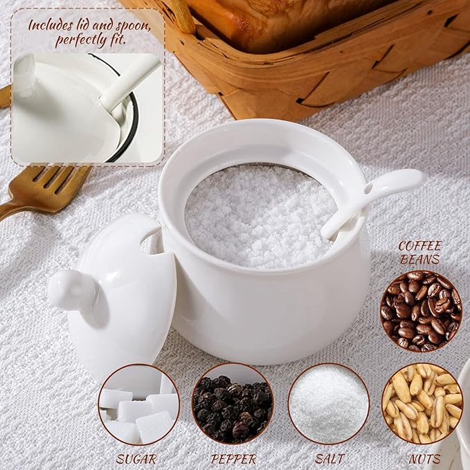 7oz Farmhouse White Ceramic Sugar Bowl with Lid and Spoon Salt Container Jar for Coffee Table Porcelain Condiment Pot for Seasoning with Black Rim
