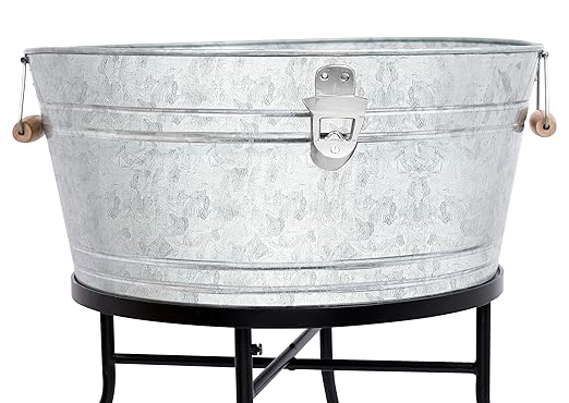BirdRock Home Galvanized Beverage Tub with Stand | Bottle Opener | Party Drink Holder | Wooden Handles | Outdoor or Indoor Use | Free Standing