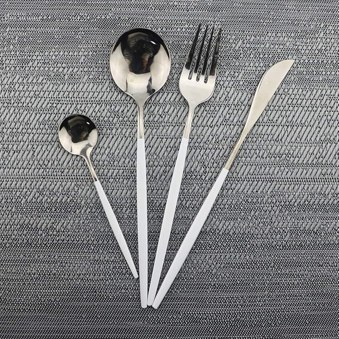 JASHII 24 Piece Titanium White Plated Stainless Steel Flatware Set, Flatware Set, Cutlery Set Service for 6 (White Handle, Shiny Silver)