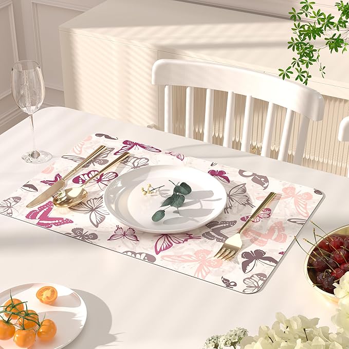 QIYI Placemats Set of 6, 12x18 Inch PU Leather Place Mats for Kitchen Dinning, Heat Resistant Anti Slip Table Mats, Waterproof Wipeable Washable Placemat Party Table Décor, Watercolor Butterflies