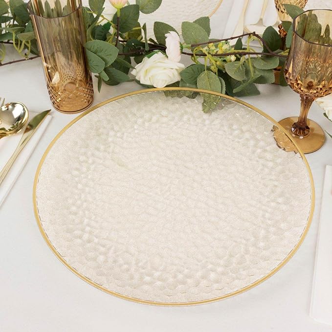 Efavormart 10 Pack Glitter Gold Clear Hammered Plastic Charger Plates, Round Disposable Serving Plates With Gold Rim - 13"