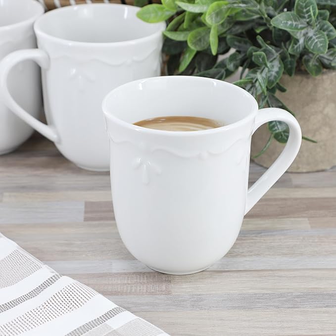 Elama Henryi 6 Piece Embossed Rim Detail Porcelain White 12 Ounce Mug Set, Tableware Set, Serveware, Coffee Mugs (6 Pc Mug)