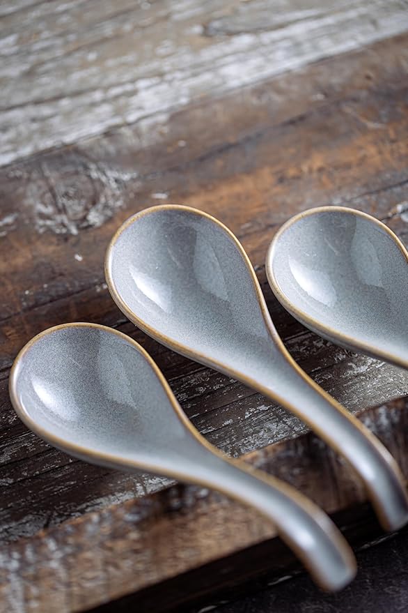 LYEOBOH Ceramic Asian Soup Spoons Set of 6 with Long Handle for Kitchen, Restaurant, Japanese Ramen Spoons with Deep Hook Design, Dishwasher & Microwave Safe, Gray