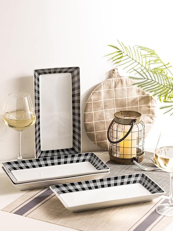 YHOSSEUN Ceramic Serving Platters Set of 4, Black and White Serving Platters and Trays for Food, Rectangular Halloween Plates Serving Dishes for Parties, Checkered, 12 Inch