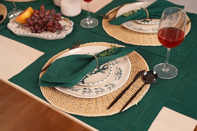 Home Ekaa Green 100% Pure Linen Table Runner 14 x 90 Inch Long - Washable Hemstitch Runner for Christmas, Winter, Holiday & New Year - Elara