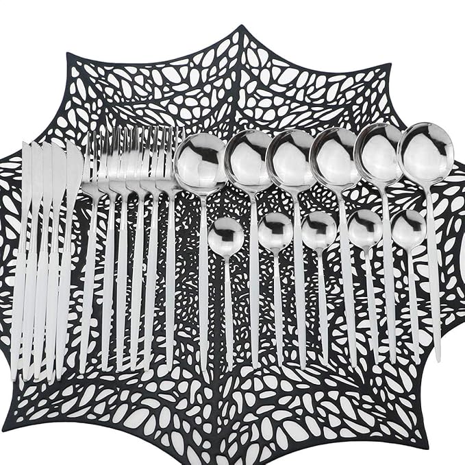 Silverware Set, 24-Piece Stainless Steel Shiny Flatware, Tableware Cutlery for Home and Restaurant, Dishwasher Safe, White Handle Silver