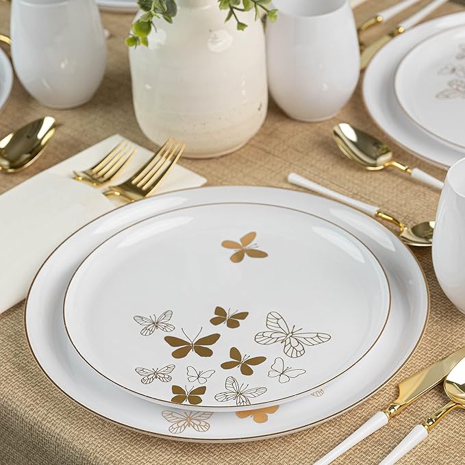 PLASTICPRO [30 Pack 10.6 Plastic Party Plates Edge Collection Premium heavyweight Elegant Disposable Tableware Dishes Butterfly Collection