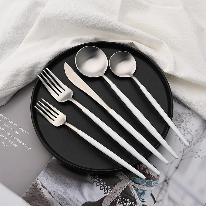 Flatware Set 18/10 Stainless Steel Matte White Handle Silver - Kitchen Utensil Serving Set of Dinner Fork Knife Spoons Salad Fork Dessert Spoon,20 Piece, Service for 4 (White + Silver)