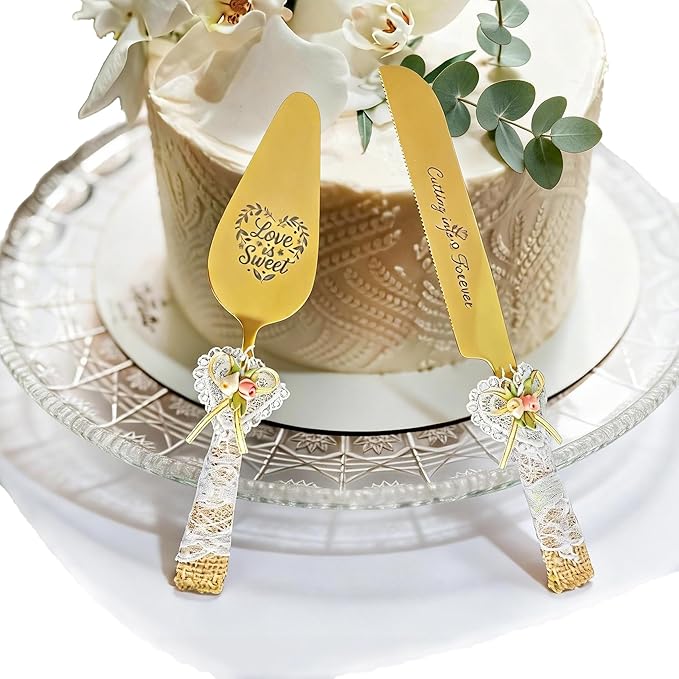 Wedding Cake Knife and Server Set – 10.83" Serrated Knife & 9.84" Server with Rustic Lace Burlap Handles, Stainless Steel Blades, for Bride & Groom, Anniversary & Engagement Gift(gold)