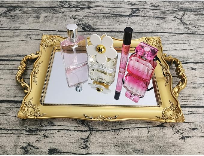 Hamphinee Rectangle Floral Decorative Mirror Tray, Perfume Organizer, Jewelry Dresser Organizer Tray & Display, Makeup Organizer Vanity Tray, Serving Tray, 9.3"x14.9", Gold