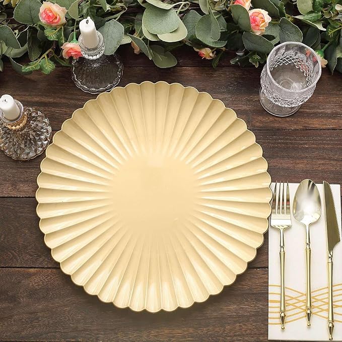 Efavormart 6 Pack | 13" Gold Scalloped Shell Pattern Plastic Serving Plates, Round Disposable Charger Plates