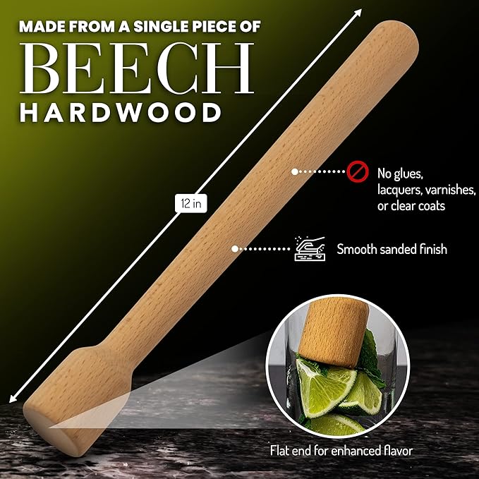 Wood Cocktail Muddler: 12 inch Hardwood Mojito Drink Muddler Home Bar Tool