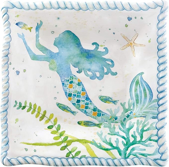 UP UPware Mermaid Melamine Square Dessert Plates, Small Serving Plates, for Appetizer, Snacks, and Side Dishes, Blue, 6 Inch, Set of 4