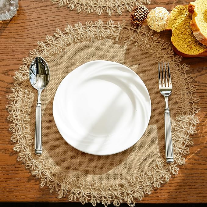 Round Burlap Placemats Set of 12 Jute Rustic Place Mats for Dining Tables Heat Resistant Natural Farmhouse Table Mats Decor (Flower Tassel New)