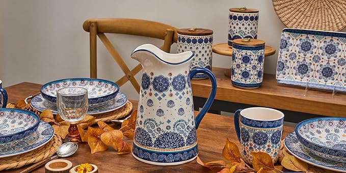 Bico Blue Talavera Ceramic 2.5 Quarts Pitcher with Handle, Decorative Vase for Flower Arrangements, Dishwasher Safe