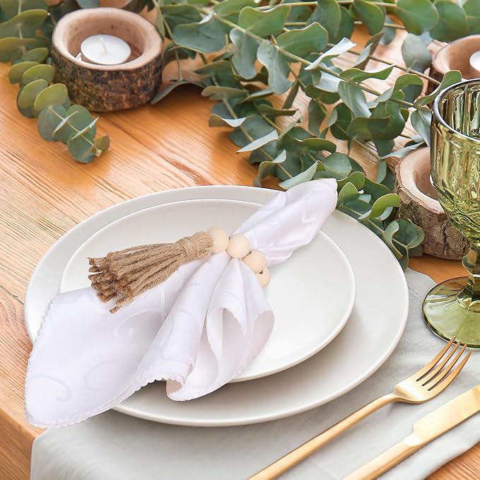 Meplait 6 Pieces Wooden Bead Napkin Rings, Farmhouse Stretchable Napkin Rings with Tassel Boho Napkin Ring for Dining Table,Wedding Decoration (Nature)
