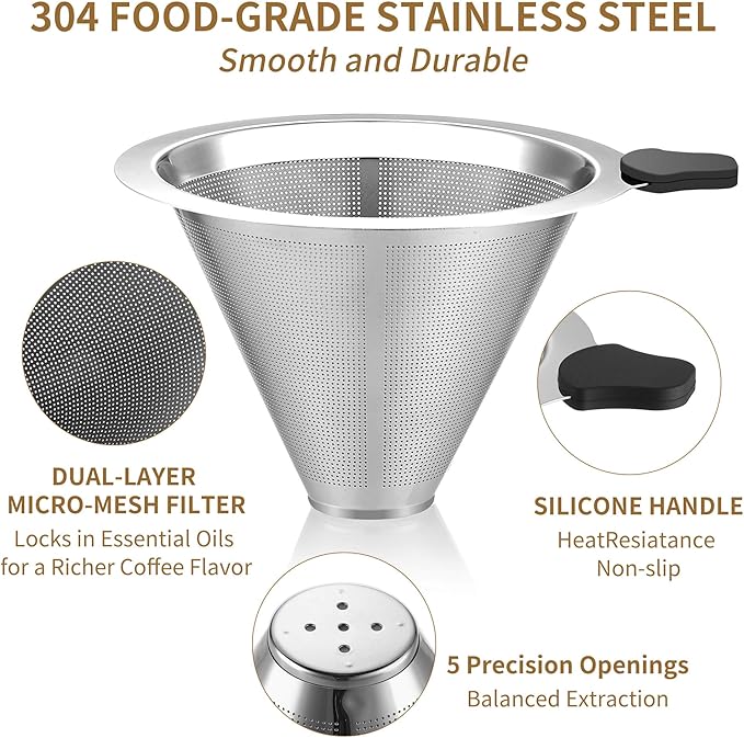 Pour Over Coffee Dripper, Fine Mesh Double Layer Stainless Steel Coffee Filter, Metal Cone Pour Over Coffee Filter Single Cup Coffee Maker 1-2 Cup