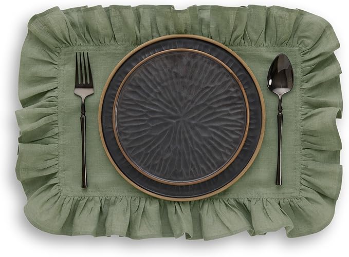 Solino Home Linen Placemats Set of 4-100% Pure Linen Oil Green Placemats 14 x 19 Inch - Gabrielle Ruffle, Handcrafted and Machine Washable - Christmas, New Year