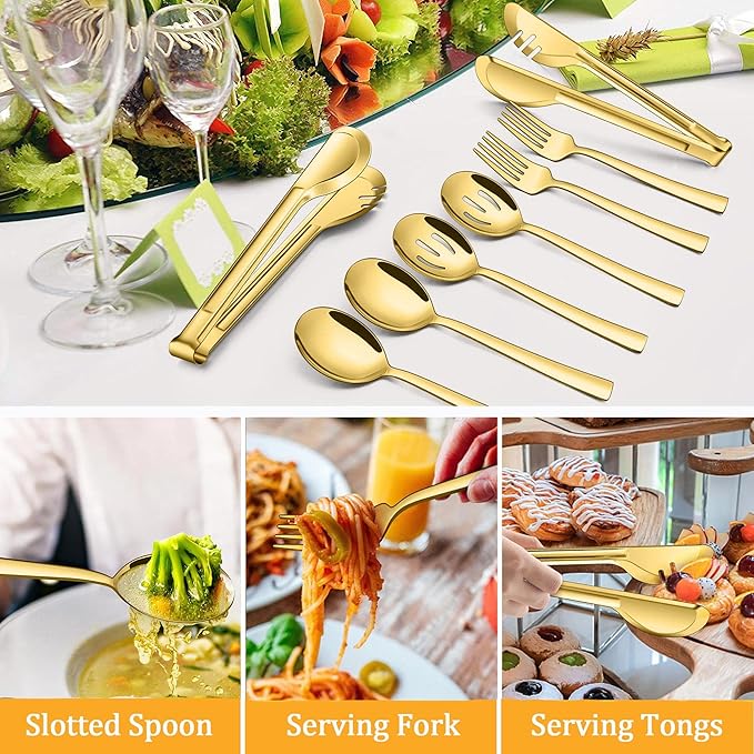 LIANYU Gold Serving Utensils Set of 8, Stainless Steel Serving Spoons, Slotted Spoons, Serving Forks, Metal Tongs for Kitchen Buffet Party Banquet Entertaining, Mirror Finished, Dishwasher Safe