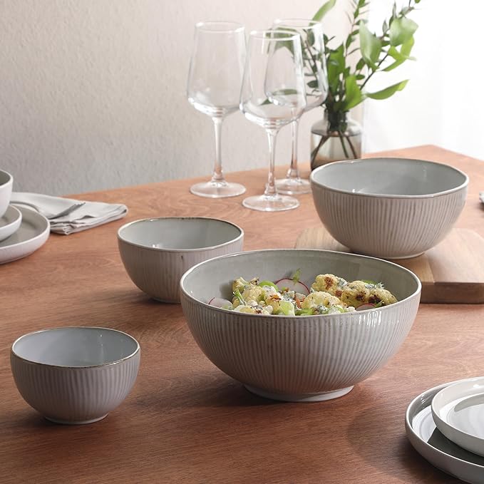 Gibson Elite Sandy Pines 4 Piece Nesting Bowl Set, 4”, 5.5”, 7” & 9” Round Stoneware Bowls, Reactive Glaze Finish, Taupe, Mixing, Prep & Serving Bowls, Microwave & Dishwasher Safe