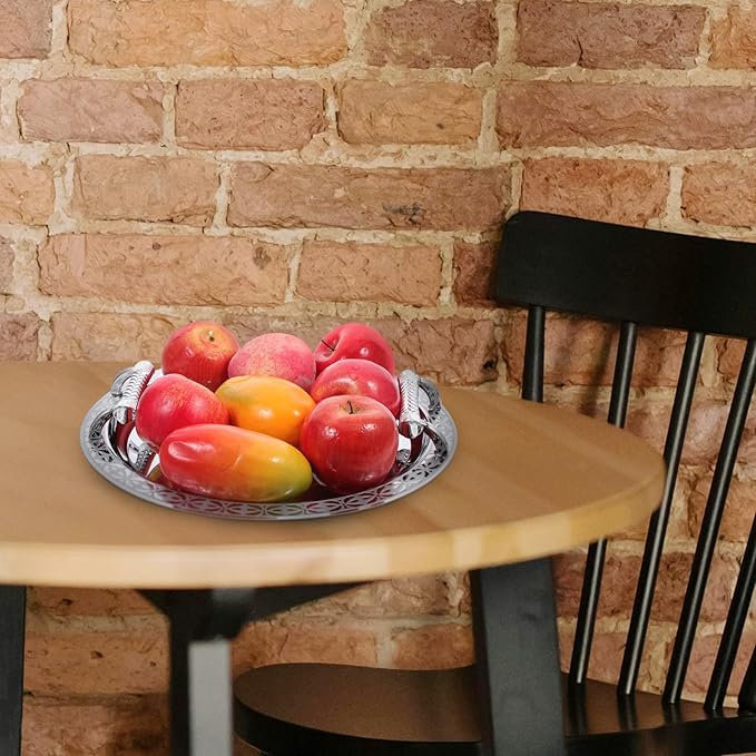 European Style Round Pattern Fruit Serving Tray Silver Decorative Dessert Table Plate Candy Holder for Home Kitchen Dining