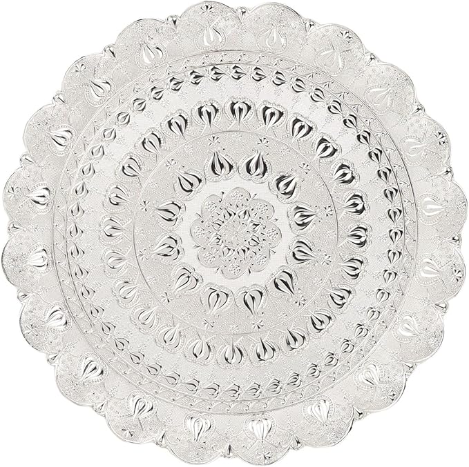 Vintage Tea Coffee Serving Tray Round Metal Beverage Tray with Embossed Pattern for Coffee Tea Desserts Jewelry Gifts 13.8in (Silver)