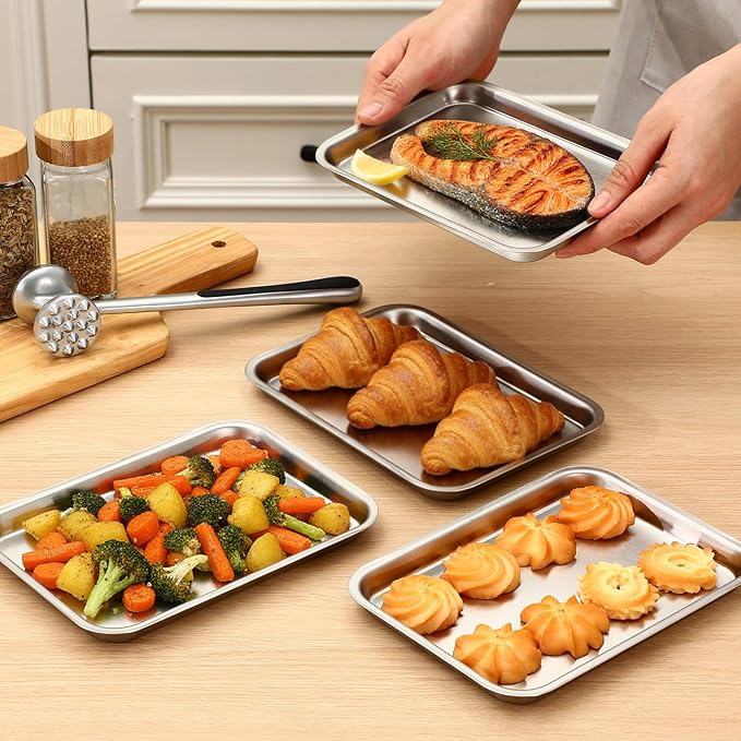 6 Pcs 7.5 x 5.5 Inch Small Baking Sheet Silver Tray Stainless Steel Baking Pan Cookie Sheet Rectangle Mirror Finish and Rust Free Easy Clean and Dishwasher Safe Bakeware Oven Tray for Roasting