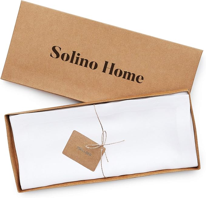 Solino Home Linen White Table Runner 60 Inches - 100% Pure Linen Short Table Runner 14 x 60 Inch Ideal for Dresser and Coffee Tables - Winter, Christmas, New Year - Fete