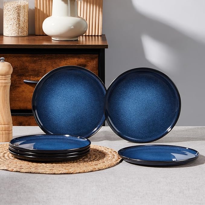 E-far 10.5” Ceramic Dinner Plates Set of 6, Large Reactive Glaze Stoneware Dishes, Round Salad Plate for Home Kitchen Restaurant, Microwave & Dishwasher Safe – Deep Sea Blue