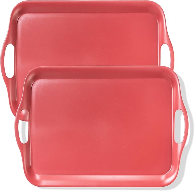 KINGEN 2-Pack Christmas Serving Trays -18×13-inch Large Tray, Vintage Velvet Red Platters for Holiday Buffets, BBQ, Party, Outdoor Serving - Santa's Christmas Decor (Bamboo Fiber, Red)
