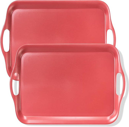 KINGEN 2-Pack Christmas Serving Trays -18×13-inch Large Tray, Vintage Velvet Red Platters for Holiday Buffets, BBQ, Party, Outdoor Serving - Santa's Christmas Decor (Bamboo Fiber, Red)