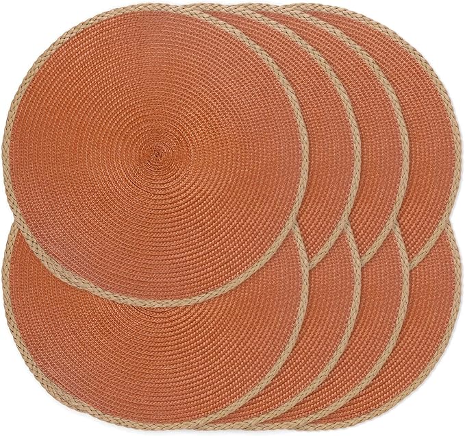 Noctiflorous Round Placemats Set of 8, 15 Inch Braided Hand Woven Table Mats, Heat Resistant Non-Slip Wipeable Thin Edge Place Mats for Kitchen Dining Indoor Outdoor Use(Dark Orange, 8)