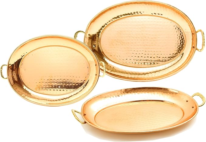 Old Dutch 250 Hammered Copper Oval Trays with Cast Brass Handles, Set of 3, 17" x 13"/15" x 11"/131/4" x 83/4"