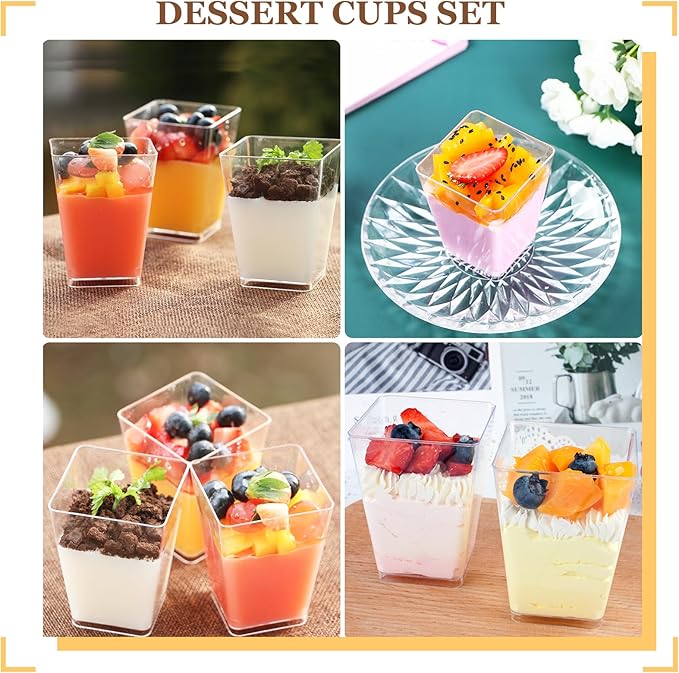 mwellewm 300 Packs Dessert Cups with Spoons, 5 OZ Mini Clear Plastic Dessert Parfait Cup for Party, Square Dessert Shot Glasse Round Goblet Small Reusable Fruit Ice Cream Pudding Appetizer Cup Bowls