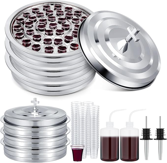 Zhehao 3 Sets Holy Communion Trays for Churches with Lid, Churches Cup Fillers, 100 Disposable Communion Cups (Silver)