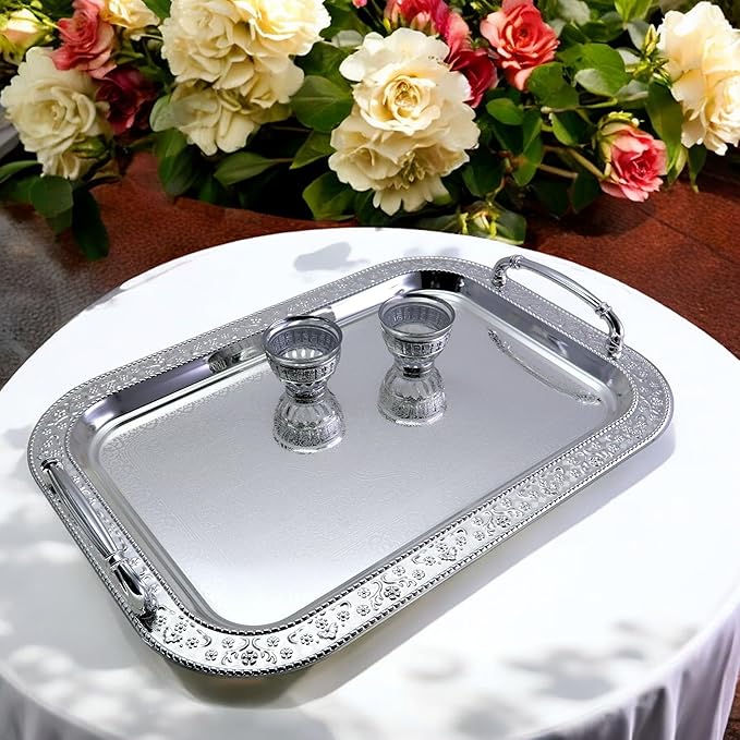(Pack of 2) 16.5 inch x 11.8 inch Oblong Chrome Plated Serving Tray with Handles Stylish Design Floral Engraved Iron Gold Edge Decorative Party Wedding Buffet Wine Platter Plate FST-012