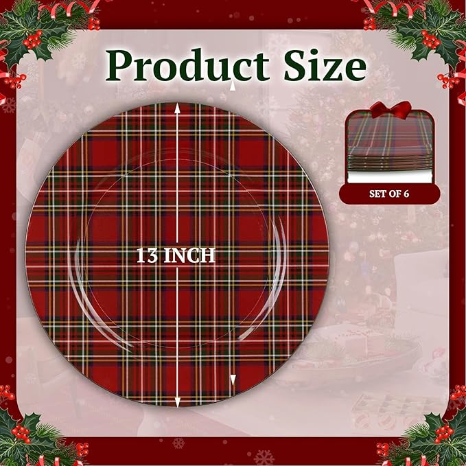 MAONAME 13" Red Charger Plates Set of 6, Plastic Charger for Dinner Plates, Christmas Plate Chargers, Round Chargers for Table Setting, Wedding Decor