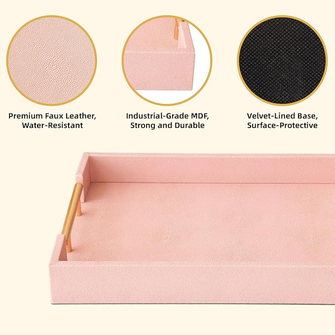 Modern Elegant Pink Faux Shagreen Leather Tray, Set of 2 Rectangle Serving Trays with Gold Polished Metal Handles, Ottoman Tray Coffee Table Perfume Kitchen Trays Home Decor