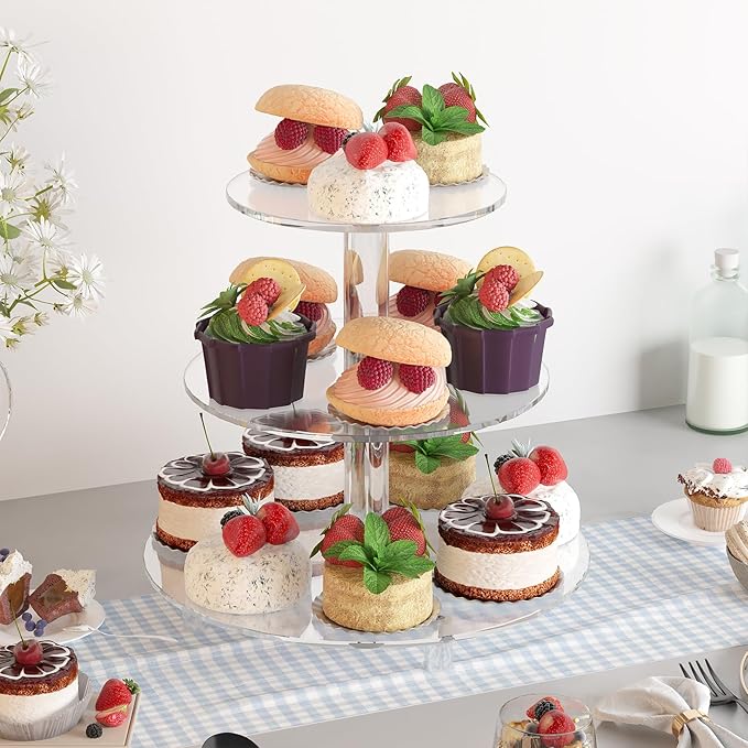 Acrylic Cupcake Stand, 3 Tier Round, Clear Dessert Tower Holder Display with Base for Baby Shower, Birthday Party,Wedding,Christmas,Reception (Clear)