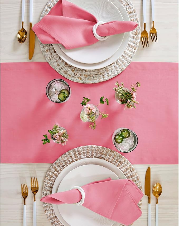 Solino Home Linen Table Runner 120 Inches Long - 100% Pure Linen Pink Carnation Table Runner 14 x 120 Inch for Christmas - Fete