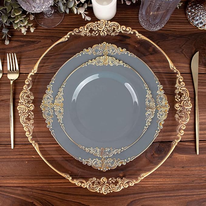 10" Dinner Plates -Set of 10 - Plastic Dusty Blue Round Baroque Disposable Chargers Leaf Embossed Rim, Ideal for Dinner Party Wedding Bulk Events