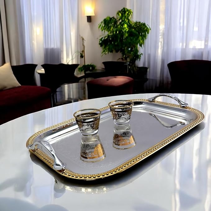 13.8 inch x 9.4 inch Oblong Chrome Plated Mirror Silver Serving Tray with Handles Stylish Design Floral Engraved Iron Gold Edge Decorative Party Birthday Buffet Platter Plate FST-023
