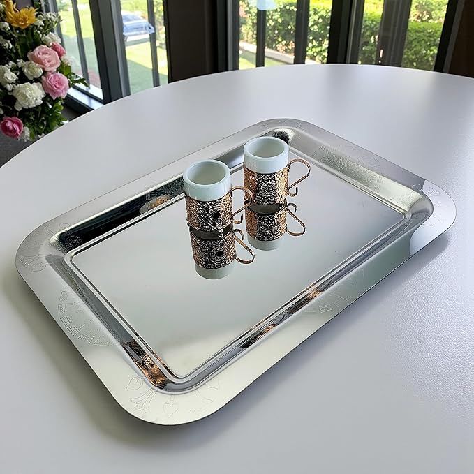 (Pack of 2) 20 inch x 14.4 inch Oblong Chrome Plated Serving Tray Stylish Design Floral Engraved Edge Decorative Party Wedding Dessert Buffet Décor Wine Platter Plate NC-064
