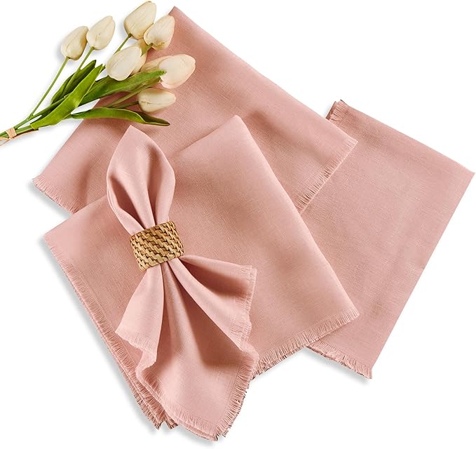 Solino Home Fringe Linen Cloth Napkins Set of 4-100% Pure Linen Misty Pink Dinner Napkins 20 x 20 Inch for Christmas - Handcrafted and Machine Washable