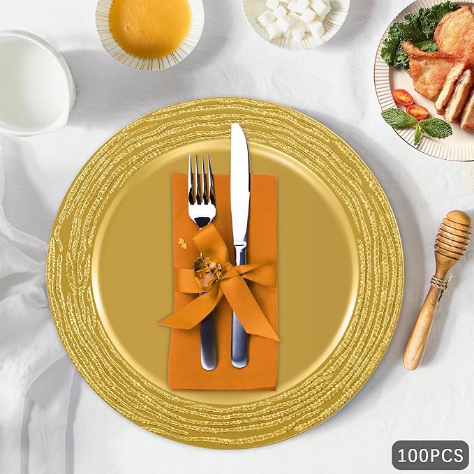 100 Pack Gold Chargers for Finner Plates, 13 Inch Plastic Round Bright Charger Plates Bulk, Wedding Decoration for Table Setting Wedding Party Event Tabletop (Gold)