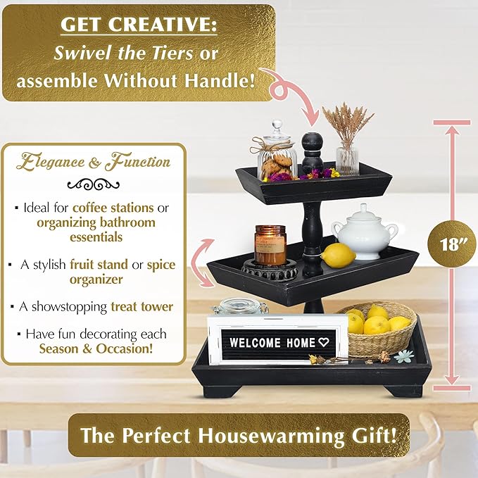 3 Tier Serving Tray [3 in 1] - Gorgeous Coffee Table Tray [Includes 3 Changeable Handles] - Can Assemble into a 1, 2 or 3 Tier Decor - Kitchen Table Centerpiece - Rectangle Wooden Serving Stand