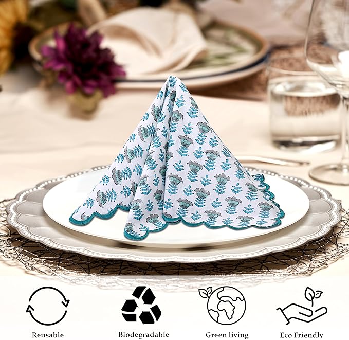 Ridhi Hand Block Print Aquamarine Blue 18" x 18" (Set of 4) Embriodery Table Napkins Reusable Cotton Dinner Napkins for Weddings, Parties, Everyday Dining Gift for Spring, Easter, Valentine